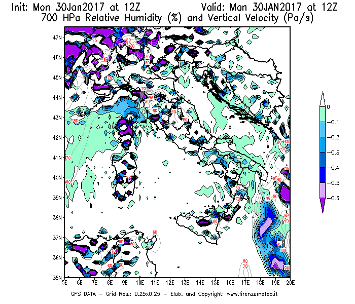 Mappa di analisi GFS - Umidità relativa [%] e Omega [Pa/s] a 700 hPa in Italia
							del 30/01/2017 12 <!--googleoff: index-->UTC<!--googleon: index-->