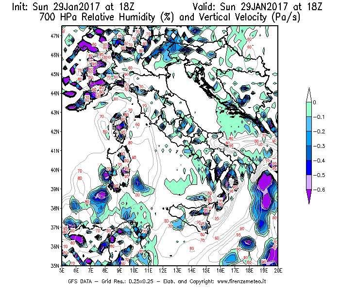 Mappa di analisi GFS - Umidità relativa [%] e Omega [Pa/s] a 700 hPa in Italia
							del 30/01/2017 18 <!--googleoff: index-->UTC<!--googleon: index-->