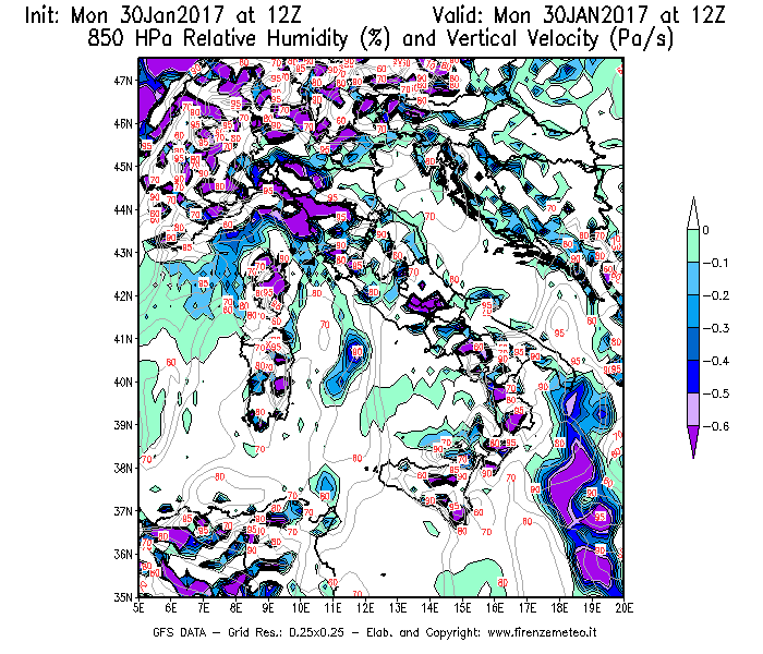 Mappa di analisi GFS - Umidità relativa [%] e Omega [Pa/s] a 850 hPa in Italia
							del 30/01/2017 12 <!--googleoff: index-->UTC<!--googleon: index-->