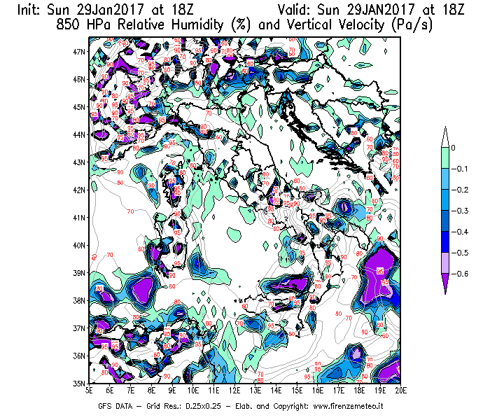 Mappa di analisi GFS - Umidità relativa [%] e Omega [Pa/s] a 850 hPa in Italia
							del 30/01/2017 18 <!--googleoff: index-->UTC<!--googleon: index-->