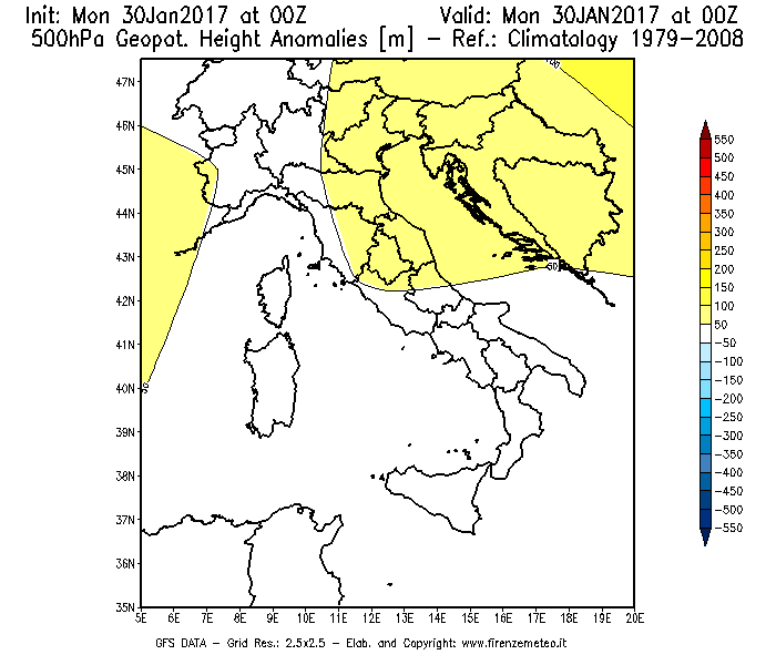 Mappa di analisi GFS - Anomalia di Geopotenziale a 500 hPa in Italia
							del 30/01/2017 00 <!--googleoff: index-->UTC<!--googleon: index-->