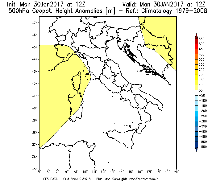 Mappa di analisi GFS - Anomalia di Geopotenziale a 500 hPa in Italia
							del 30/01/2017 12 <!--googleoff: index-->UTC<!--googleon: index-->
