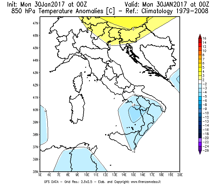 Mappa di analisi GFS - Anomalia Temperatura [°C] a 850 hPa in Italia
							del 30/01/2017 00 <!--googleoff: index-->UTC<!--googleon: index-->