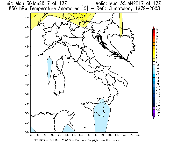 Mappa di analisi GFS - Anomalia Temperatura [°C] a 850 hPa in Italia
							del 30/01/2017 12 <!--googleoff: index-->UTC<!--googleon: index-->