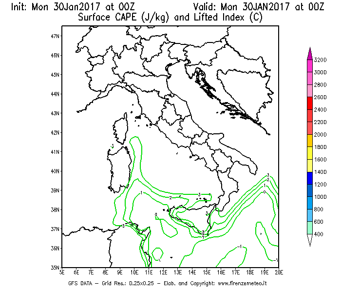 Mappa di analisi GFS - CAPE [J/kg] e Lifted Index [°C] in Italia
							del 30/01/2017 00 <!--googleoff: index-->UTC<!--googleon: index-->