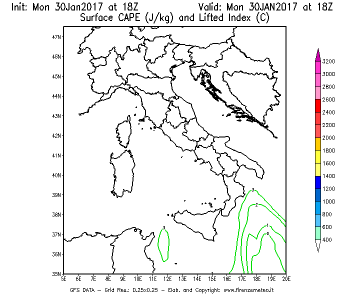 Mappa di analisi GFS - CAPE [J/kg] e Lifted Index [°C] in Italia
							del 30/01/2017 18 <!--googleoff: index-->UTC<!--googleon: index-->