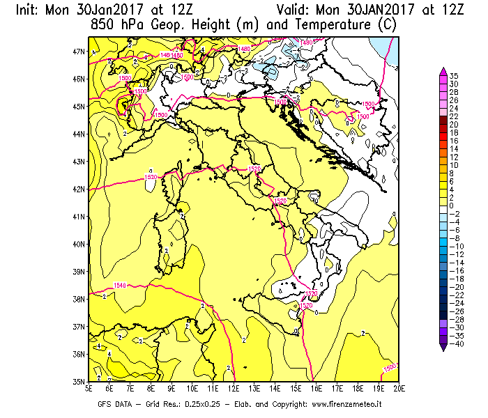 Mappa di analisi GFS - Geopotenziale [m] e Temperatura [°C] a 850 hPa in Italia
							del 30/01/2017 12 <!--googleoff: index-->UTC<!--googleon: index-->