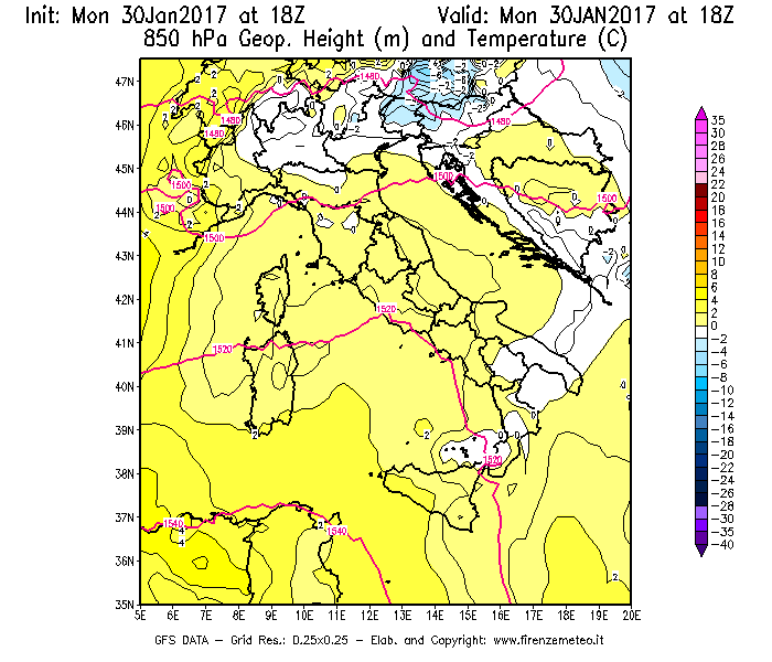 Mappa di analisi GFS - Geopotenziale [m] e Temperatura [°C] a 850 hPa in Italia
							del 30/01/2017 18 <!--googleoff: index-->UTC<!--googleon: index-->