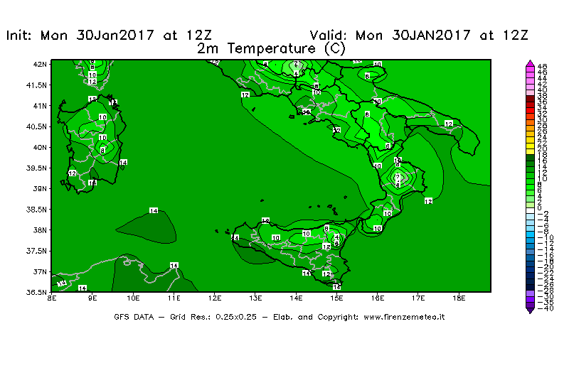 Mappa di analisi GFS - Temperatura a 2 metri dal suolo [°C] in Sud-Italia
							del 30/01/2017 12 <!--googleoff: index-->UTC<!--googleon: index-->