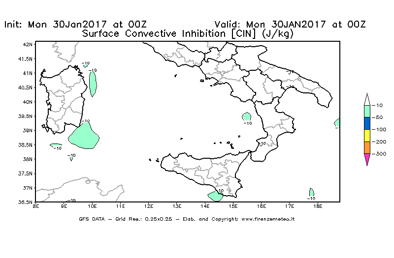 Mappa di analisi GFS - CIN [J/kg] in Sud-Italia
							del 30/01/2017 00 <!--googleoff: index-->UTC<!--googleon: index-->