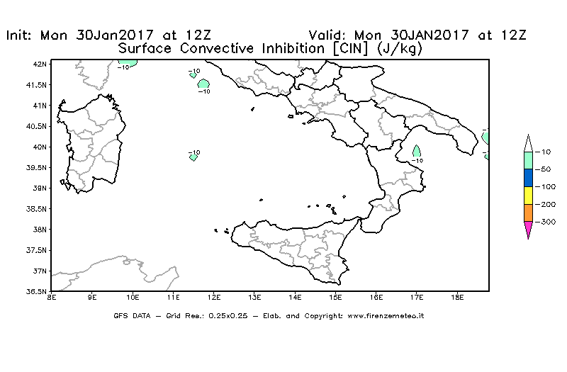 Mappa di analisi GFS - CIN [J/kg] in Sud-Italia
							del 30/01/2017 12 <!--googleoff: index-->UTC<!--googleon: index-->