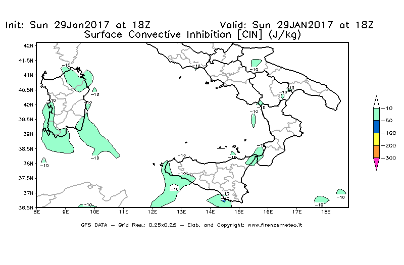 Mappa di analisi GFS - CIN [J/kg] in Sud-Italia
							del 30/01/2017 18 <!--googleoff: index-->UTC<!--googleon: index-->