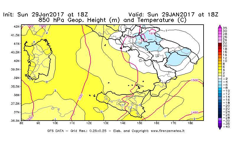 Mappa di analisi GFS - Geopotenziale [m] e Temperatura [°C] a 850 hPa in Sud-Italia
							del 30/01/2017 18 <!--googleoff: index-->UTC<!--googleon: index-->
