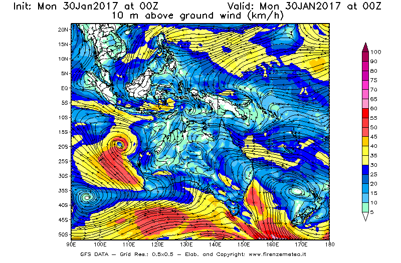 Mappa di analisi GFS - Velocità del vento a 10 metri dal suolo [km/h] in Oceania
							del 30/01/2017 00 <!--googleoff: index-->UTC<!--googleon: index-->