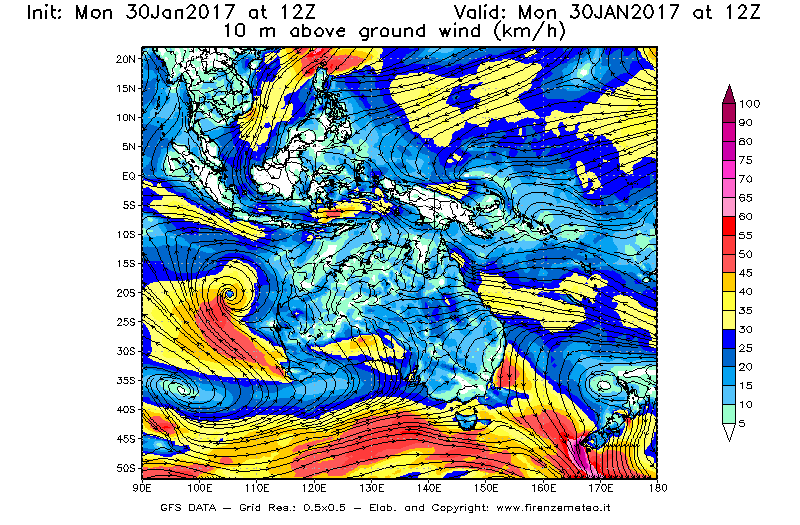 Mappa di analisi GFS - Velocità del vento a 10 metri dal suolo [km/h] in Oceania
							del 30/01/2017 12 <!--googleoff: index-->UTC<!--googleon: index-->
