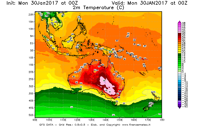 Mappa di analisi GFS - Temperatura a 2 metri dal suolo [°C] in Oceania
							del 30/01/2017 00 <!--googleoff: index-->UTC<!--googleon: index-->