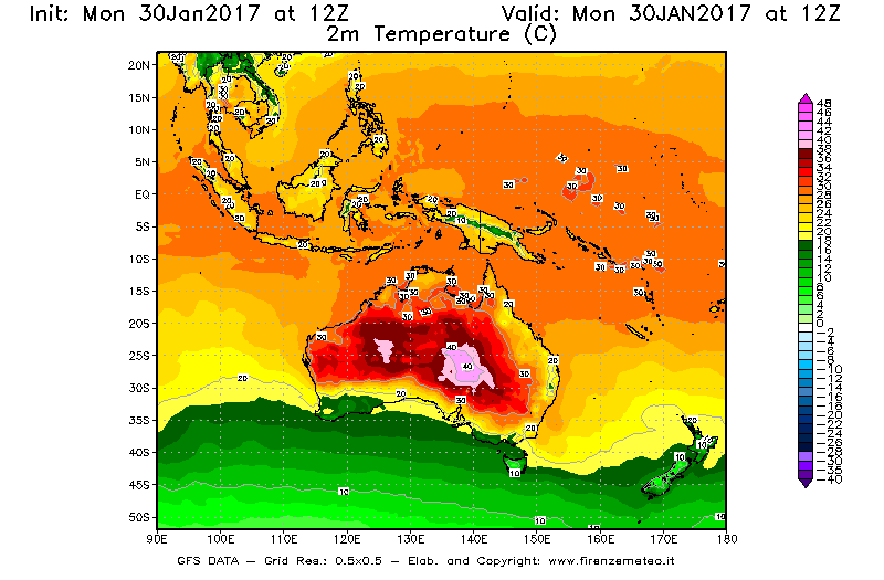 Mappa di analisi GFS - Temperatura a 2 metri dal suolo [°C] in Oceania
							del 30/01/2017 12 <!--googleoff: index-->UTC<!--googleon: index-->