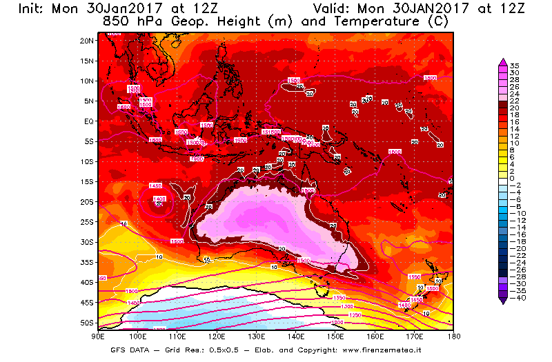 Mappa di analisi GFS - Geopotenziale [m] e Temperatura [°C] a 850 hPa in Oceania
							del 30/01/2017 12 <!--googleoff: index-->UTC<!--googleon: index-->