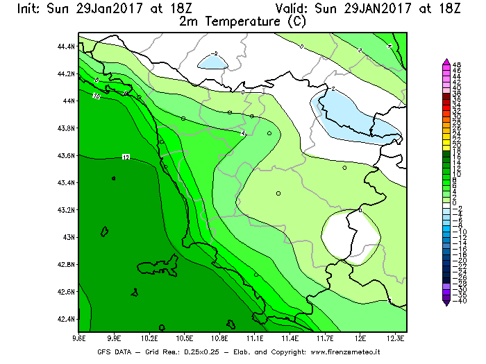 Mappa di analisi GFS - Temperatura a 2 metri dal suolo [°C] in Toscana
							del 30/01/2017 18 <!--googleoff: index-->UTC<!--googleon: index-->