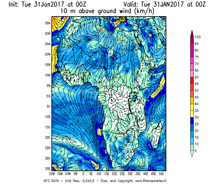 Mappa di analisi GFS - Velocità del vento a 10 metri dal suolo [km/h] in Africa
							del 31/01/2017 00 <!--googleoff: index-->UTC<!--googleon: index-->
