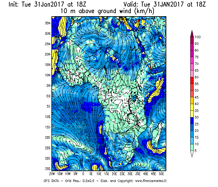 Mappa di analisi GFS - Velocità del vento a 10 metri dal suolo [km/h] in Africa
							del 31/01/2017 18 <!--googleoff: index-->UTC<!--googleon: index-->