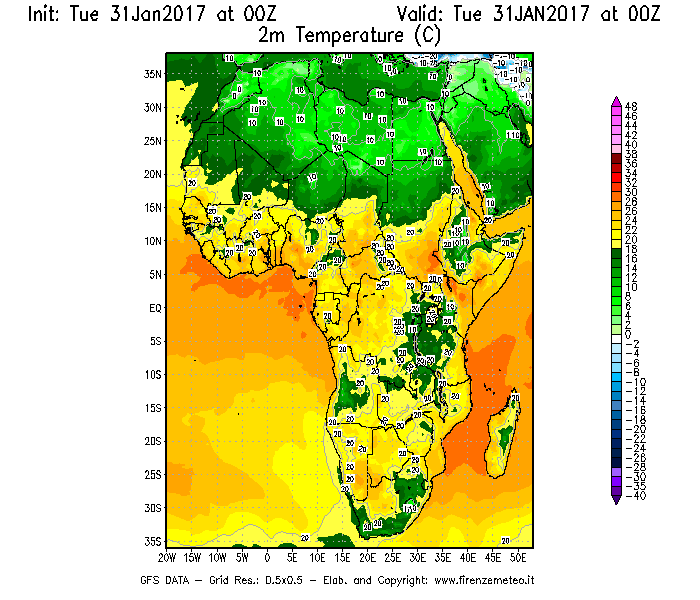 Mappa di analisi GFS - Temperatura a 2 metri dal suolo [°C] in Africa
							del 31/01/2017 00 <!--googleoff: index-->UTC<!--googleon: index-->