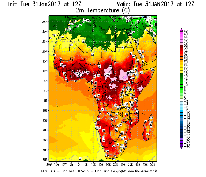 Mappa di analisi GFS - Temperatura a 2 metri dal suolo [°C] in Africa
							del 31/01/2017 12 <!--googleoff: index-->UTC<!--googleon: index-->