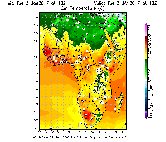 Mappa di analisi GFS - Temperatura a 2 metri dal suolo [°C] in Africa
							del 31/01/2017 18 <!--googleoff: index-->UTC<!--googleon: index-->