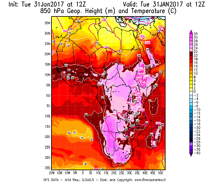 Mappa di analisi GFS - Geopotenziale [m] e Temperatura [°C] a 850 hPa in Africa
							del 31/01/2017 12 <!--googleoff: index-->UTC<!--googleon: index-->