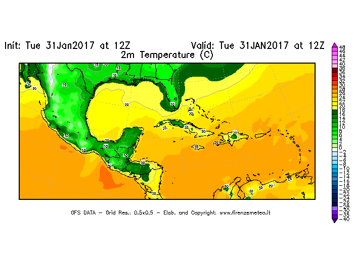 Mappa di analisi GFS - Temperatura a 2 metri dal suolo [°C] in Centro-America
							del 31/01/2017 12 <!--googleoff: index-->UTC<!--googleon: index-->