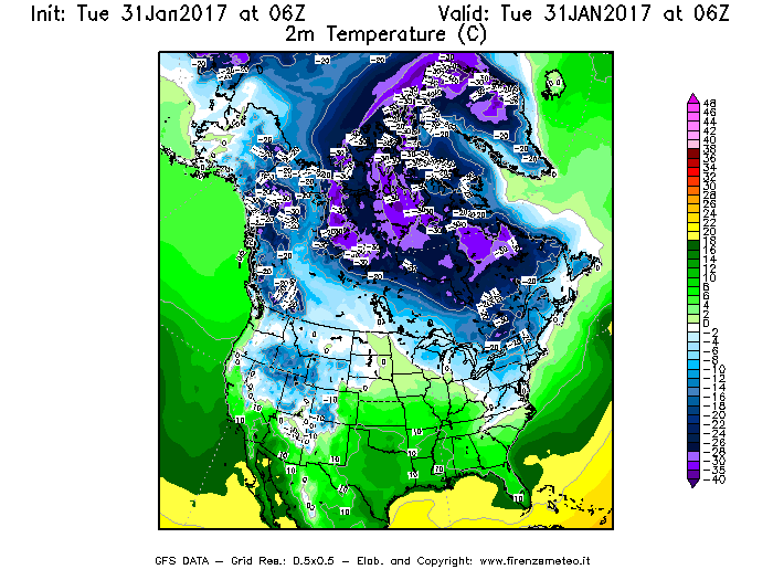 Mappa di analisi GFS - Temperatura a 2 metri dal suolo [°C] in Nord-America
							del 31/01/2017 06 <!--googleoff: index-->UTC<!--googleon: index-->