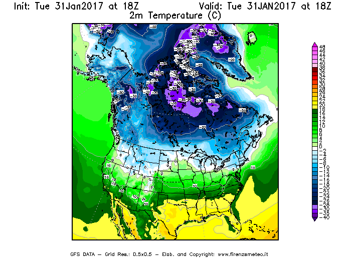 Mappa di analisi GFS - Temperatura a 2 metri dal suolo [°C] in Nord-America
							del 31/01/2017 18 <!--googleoff: index-->UTC<!--googleon: index-->