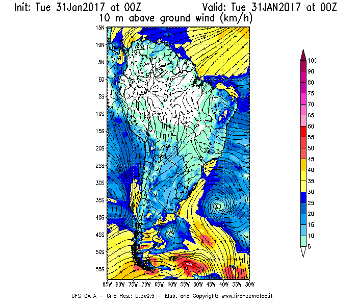 Mappa di analisi GFS - Velocità del vento a 10 metri dal suolo [km/h] in Sud-America
							del 31/01/2017 00 <!--googleoff: index-->UTC<!--googleon: index-->
