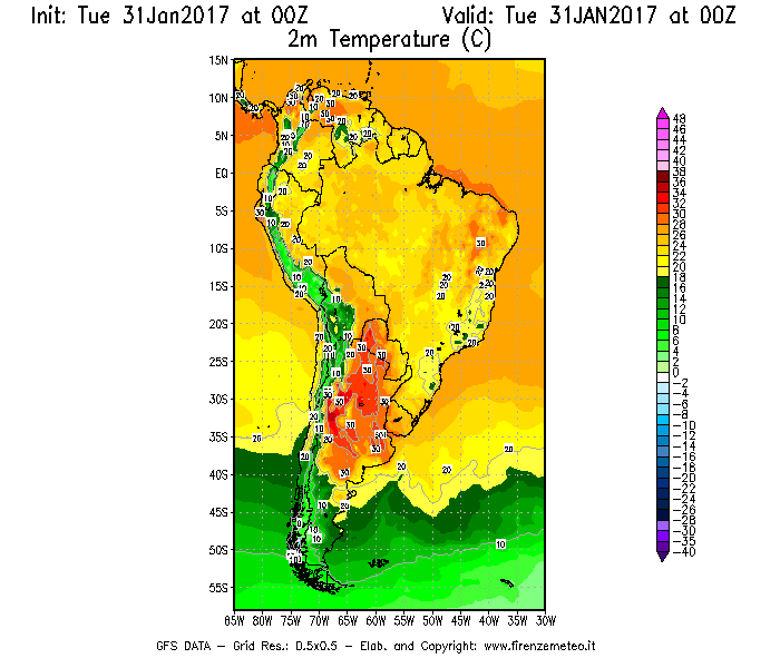 Mappa di analisi GFS - Temperatura a 2 metri dal suolo [°C] in Sud-America
							del 31/01/2017 00 <!--googleoff: index-->UTC<!--googleon: index-->