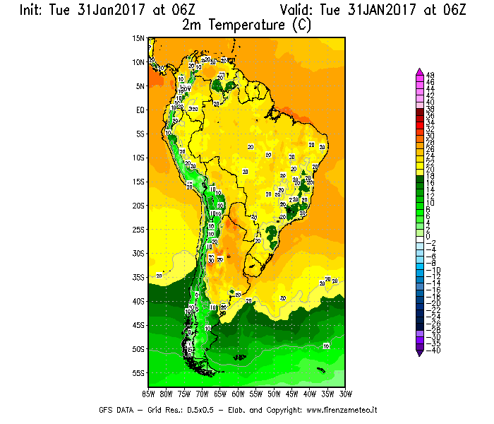 Mappa di analisi GFS - Temperatura a 2 metri dal suolo [°C] in Sud-America
							del 31/01/2017 06 <!--googleoff: index-->UTC<!--googleon: index-->