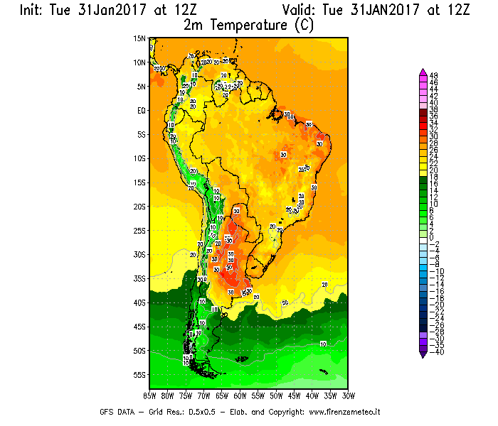 Mappa di analisi GFS - Temperatura a 2 metri dal suolo [°C] in Sud-America
							del 31/01/2017 12 <!--googleoff: index-->UTC<!--googleon: index-->