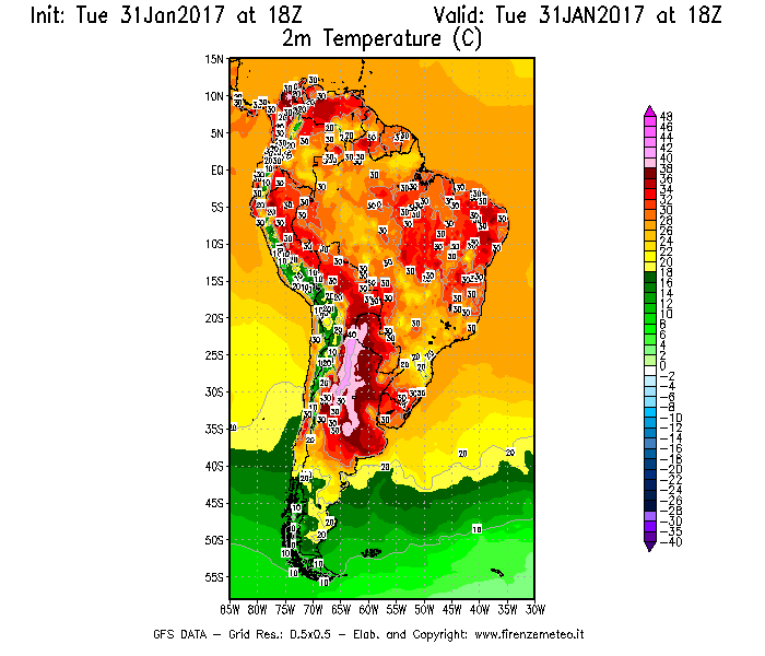 Mappa di analisi GFS - Temperatura a 2 metri dal suolo [°C] in Sud-America
							del 31/01/2017 18 <!--googleoff: index-->UTC<!--googleon: index-->