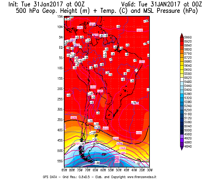 Mappa di analisi GFS - Geopotenziale [m] + Temp. [°C] a 500 hPa + Press. a livello del mare [hPa] in Sud-America
							del 31/01/2017 00 <!--googleoff: index-->UTC<!--googleon: index-->