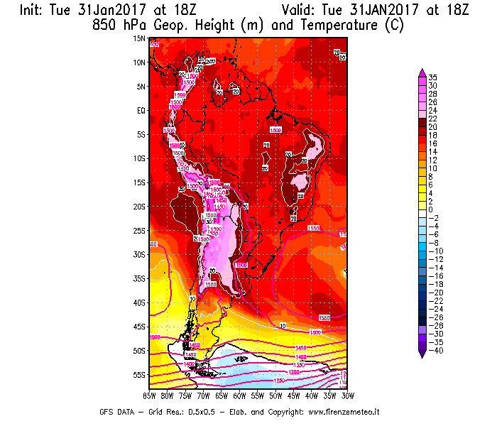 Mappa di analisi GFS - Geopotenziale [m] e Temperatura [°C] a 850 hPa in Sud-America
							del 31/01/2017 18 <!--googleoff: index-->UTC<!--googleon: index-->