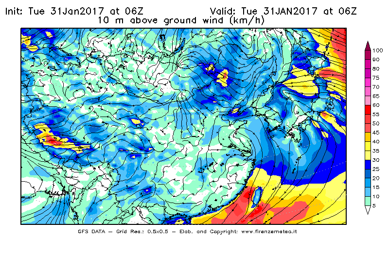 Mappa di analisi GFS - Velocità del vento a 10 metri dal suolo [km/h] in Asia Orientale
							del 31/01/2017 06 <!--googleoff: index-->UTC<!--googleon: index-->
