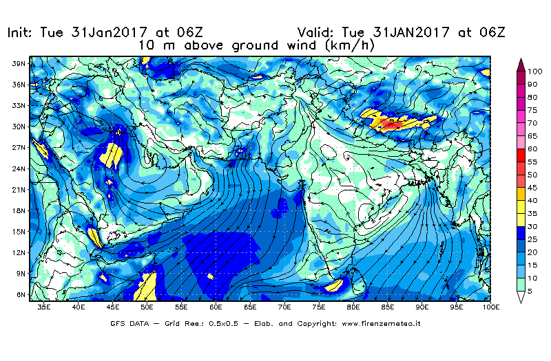 Mappa di analisi GFS - Velocità del vento a 10 metri dal suolo [km/h] in Asia Sud-Occidentale
							del 31/01/2017 06 <!--googleoff: index-->UTC<!--googleon: index-->