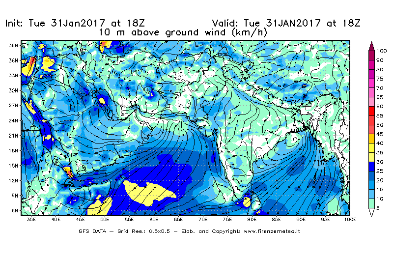 Mappa di analisi GFS - Velocità del vento a 10 metri dal suolo [km/h] in Asia Sud-Occidentale
							del 31/01/2017 18 <!--googleoff: index-->UTC<!--googleon: index-->