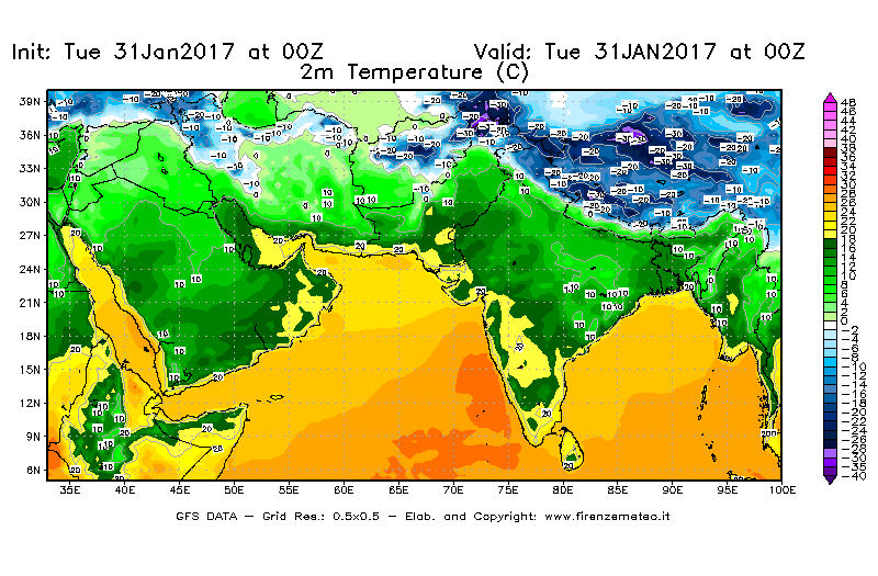 Mappa di analisi GFS - Temperatura a 2 metri dal suolo [°C] in Asia Sud-Occidentale
							del 31/01/2017 00 <!--googleoff: index-->UTC<!--googleon: index-->
