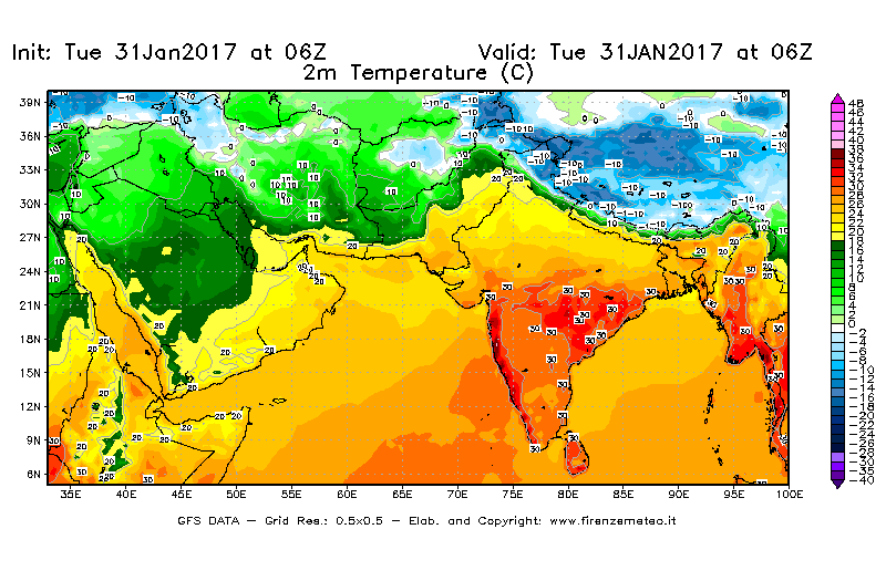 Mappa di analisi GFS - Temperatura a 2 metri dal suolo [°C] in Asia Sud-Occidentale
							del 31/01/2017 06 <!--googleoff: index-->UTC<!--googleon: index-->