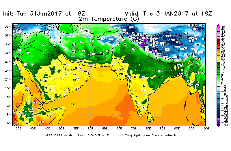 Mappa di analisi GFS - Temperatura a 2 metri dal suolo [°C] in Asia Sud-Occidentale
							del 31/01/2017 18 <!--googleoff: index-->UTC<!--googleon: index-->