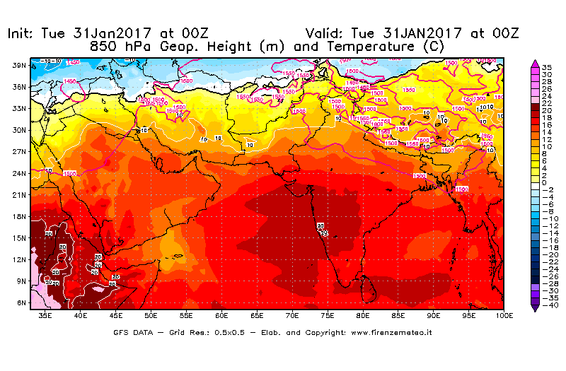 Mappa di analisi GFS - Geopotenziale [m] e Temperatura [°C] a 850 hPa in Asia Sud-Occidentale
							del 31/01/2017 00 <!--googleoff: index-->UTC<!--googleon: index-->