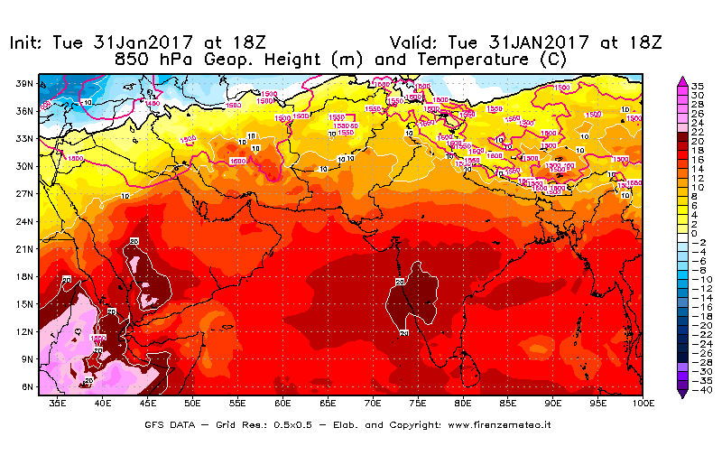 Mappa di analisi GFS - Geopotenziale [m] e Temperatura [°C] a 850 hPa in Asia Sud-Occidentale
							del 31/01/2017 18 <!--googleoff: index-->UTC<!--googleon: index-->