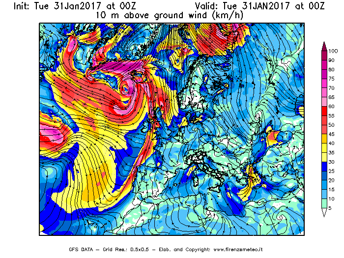 Mappa di analisi GFS - Velocità del vento a 10 metri dal suolo [km/h] in Europa
							del 31/01/2017 00 <!--googleoff: index-->UTC<!--googleon: index-->