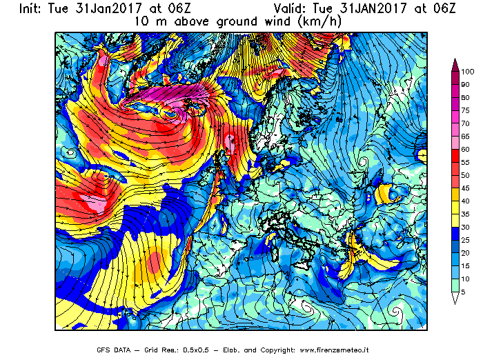 Mappa di analisi GFS - Velocità del vento a 10 metri dal suolo [km/h] in Europa
							del 31/01/2017 06 <!--googleoff: index-->UTC<!--googleon: index-->