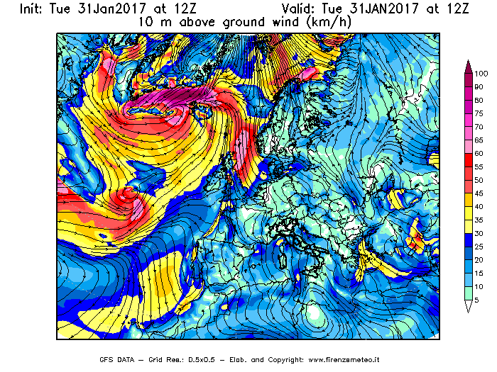 Mappa di analisi GFS - Velocità del vento a 10 metri dal suolo [km/h] in Europa
							del 31/01/2017 12 <!--googleoff: index-->UTC<!--googleon: index-->